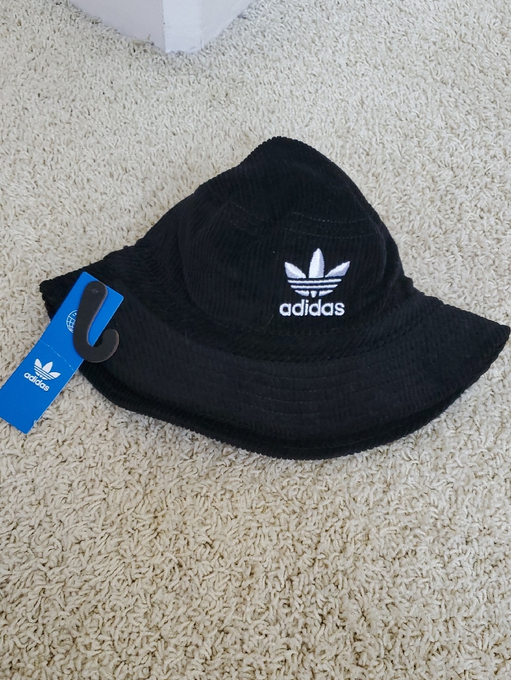 Adidas Black Corduroy Bucket Hat with White Trefoil Logo